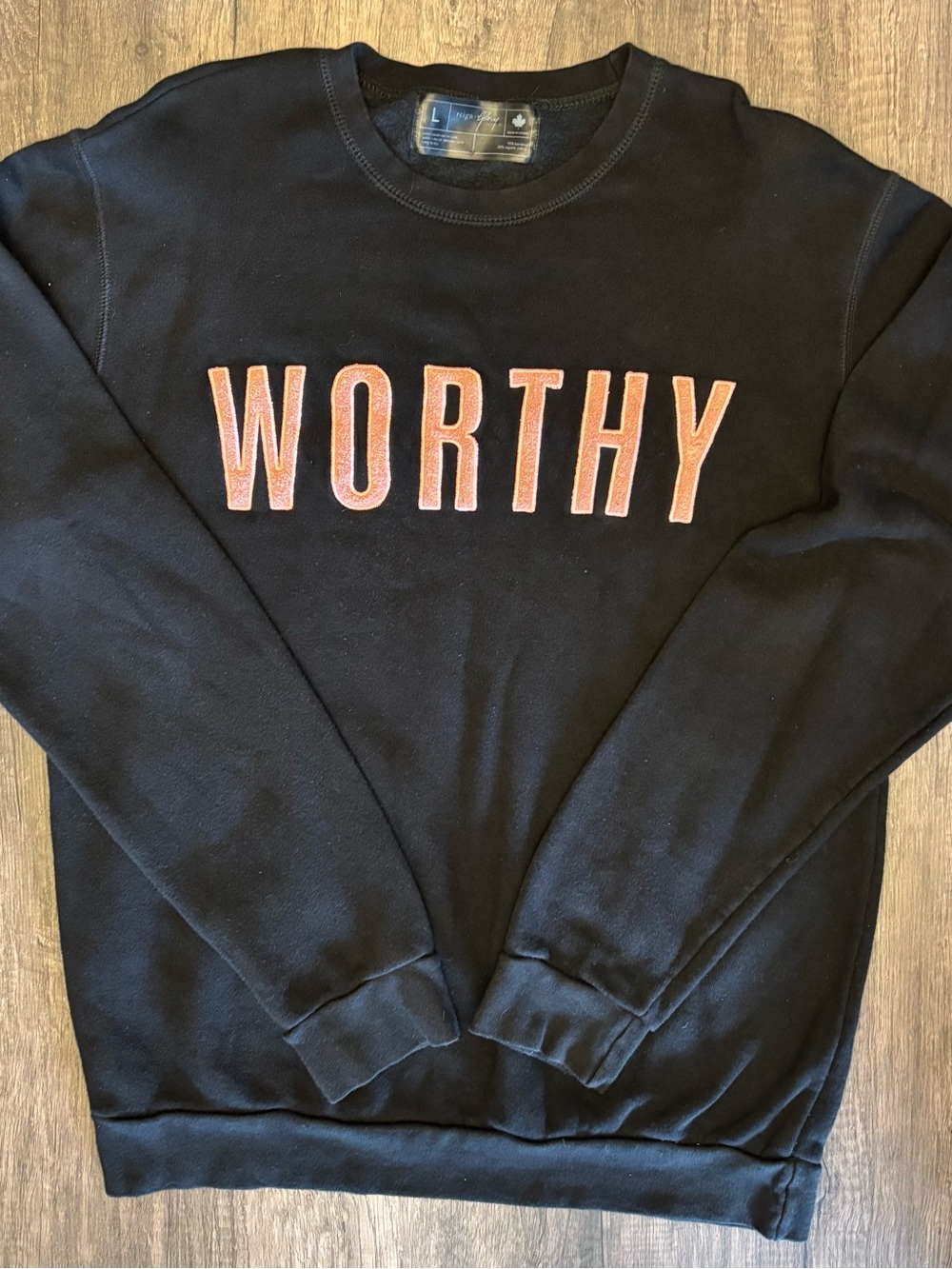 Reign + Glory Black Crewneck Sweater with Pink 'WORTHY' Applique